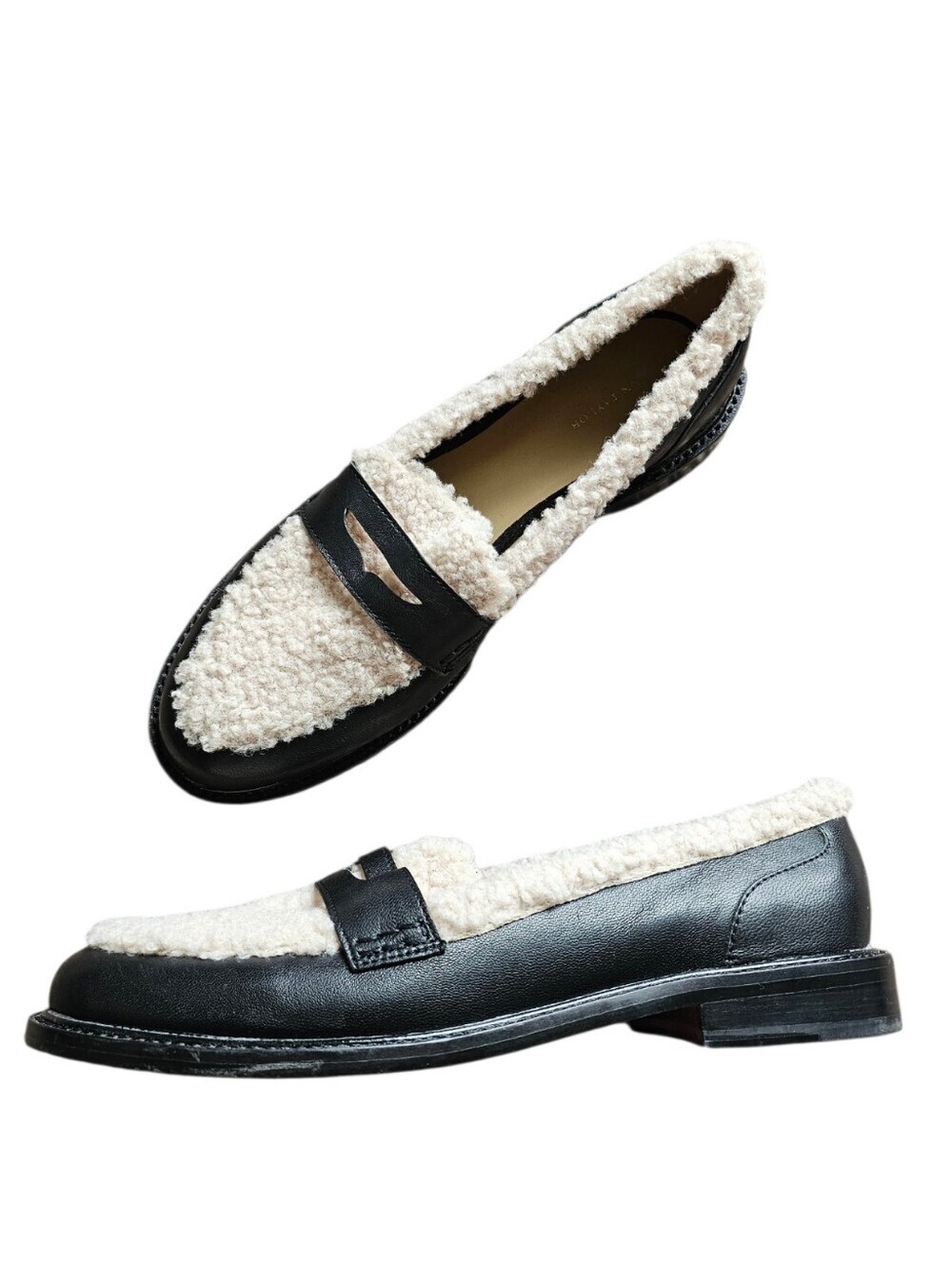 Ann Taylor Black Trim Cream Sherpa Leather Penny Loafers Size 9.5 - Picture 3 of 8